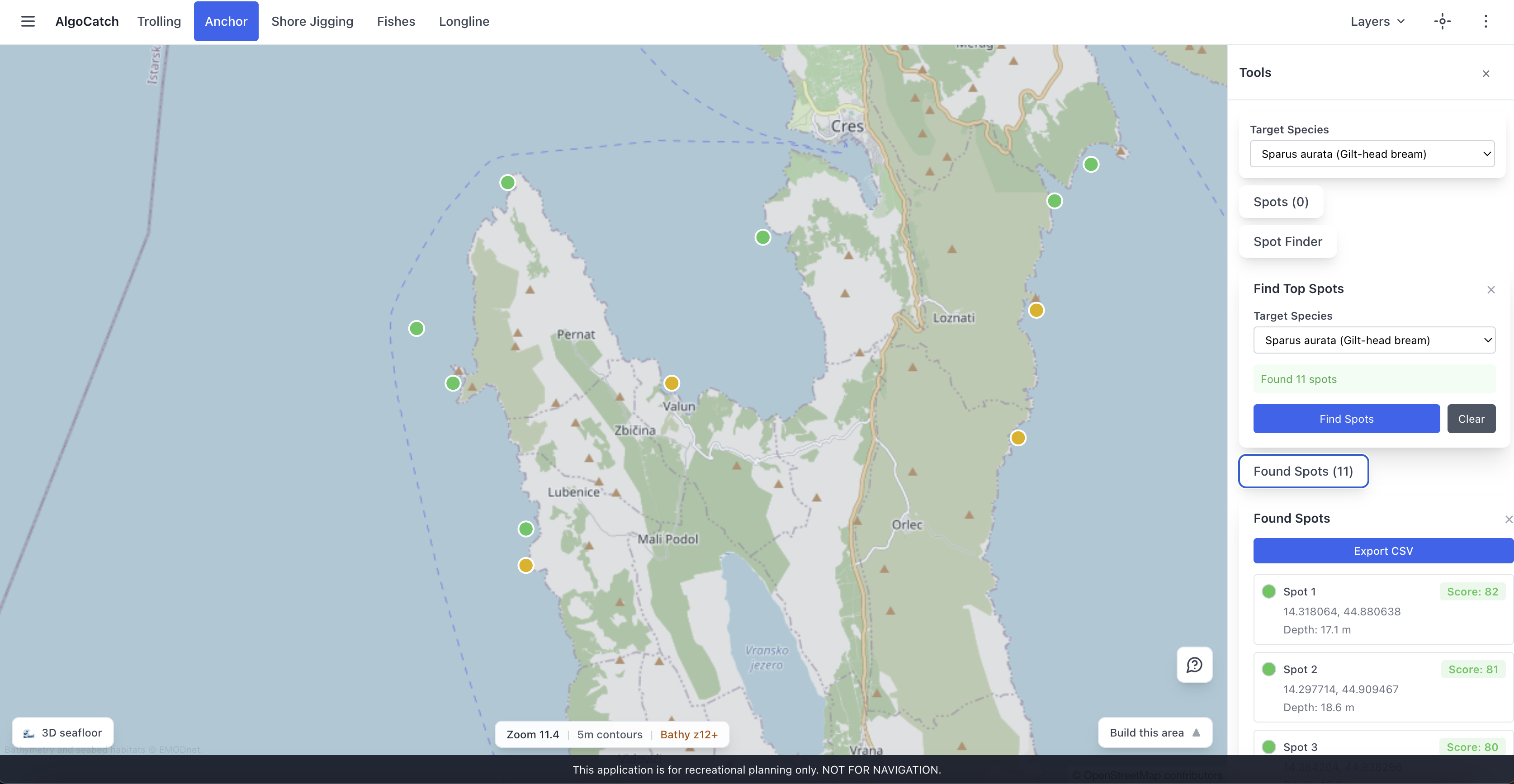 Species filter with marked points on the map