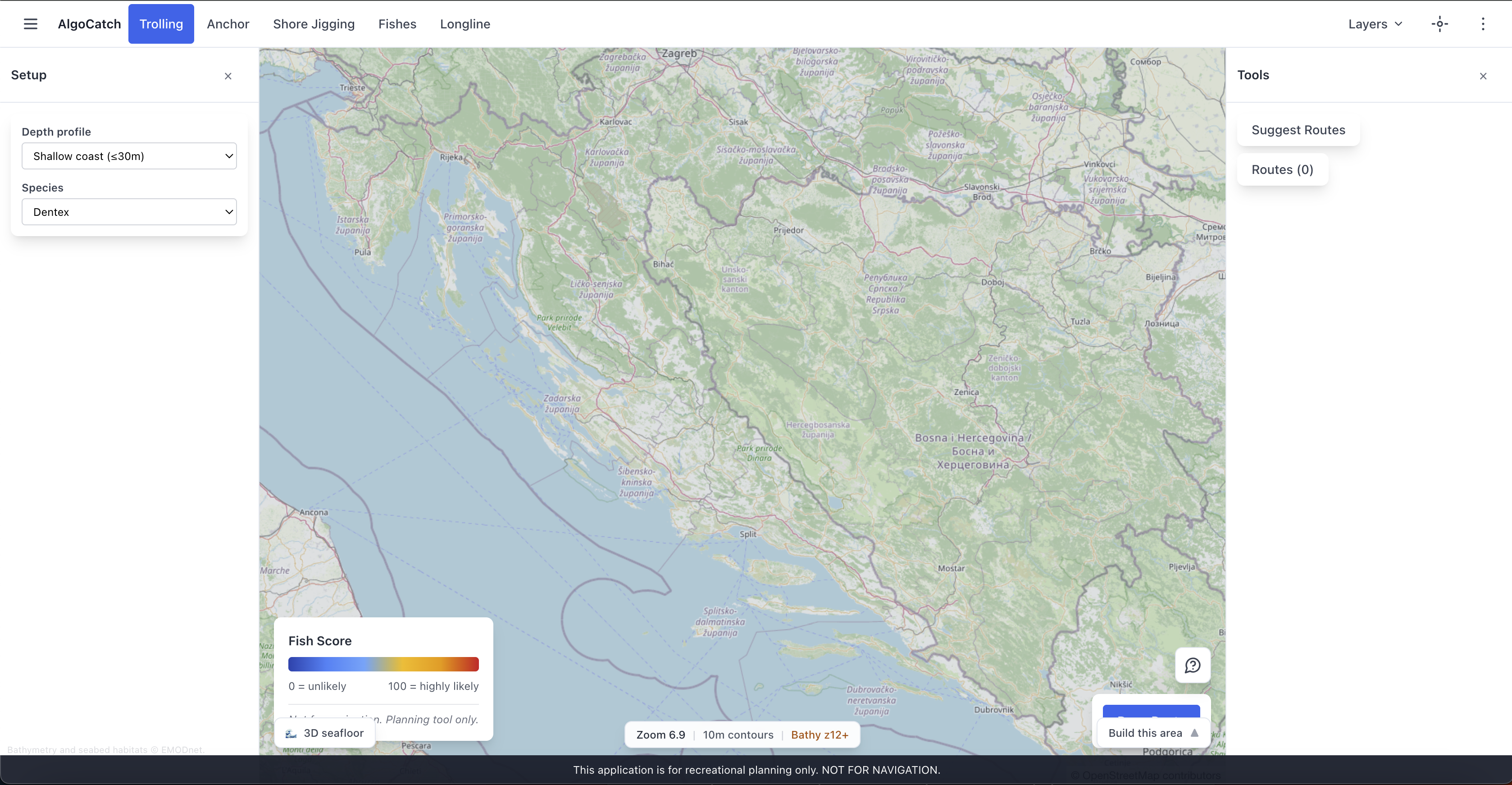 Screenshot of the AlgoCatch bathymetry map with Dentex filter and habitat heatmap